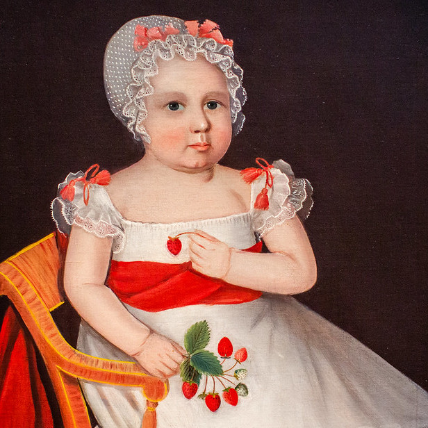 painting of small child holding strawberry plant